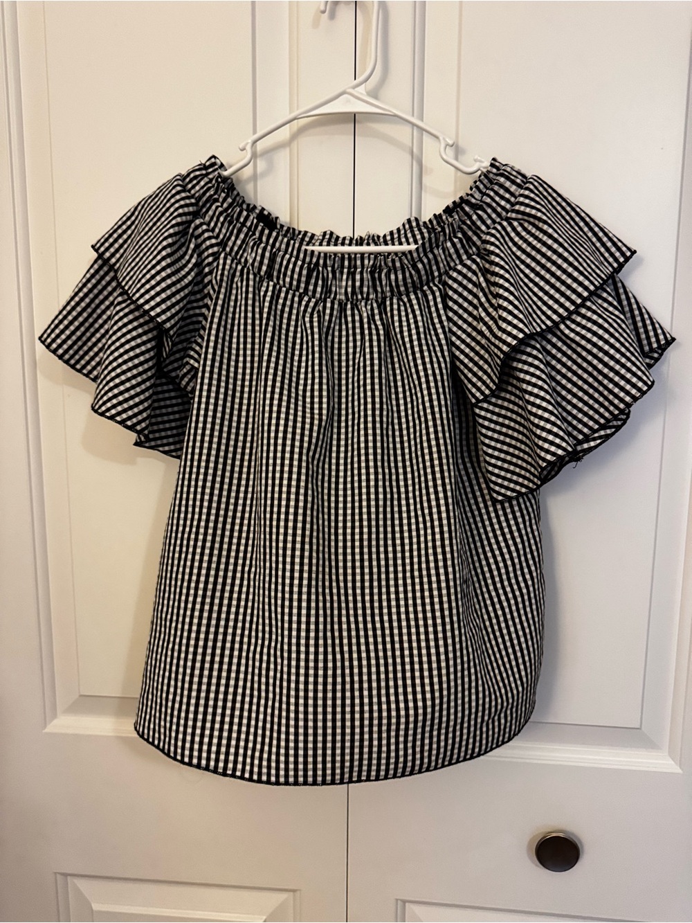 Tempted Black and White Gingham Off-Shoulder Ruffle Blouse